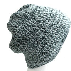 Gray Baggy Beanie OS Winter Cap Soft Hat Handmade Crochet Hand Knit 9" Christmas